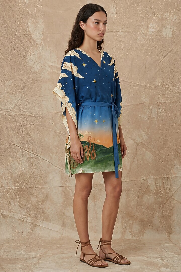 Midnight Blue Silk Twill Printed Wrap Kaftan by NO GREY AREA at Pernia's Pop Up Shop