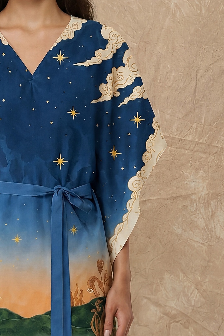 Midnight Blue Silk Twill Printed Wrap Kaftan by NO GREY AREA at Pernia's Pop Up Shop