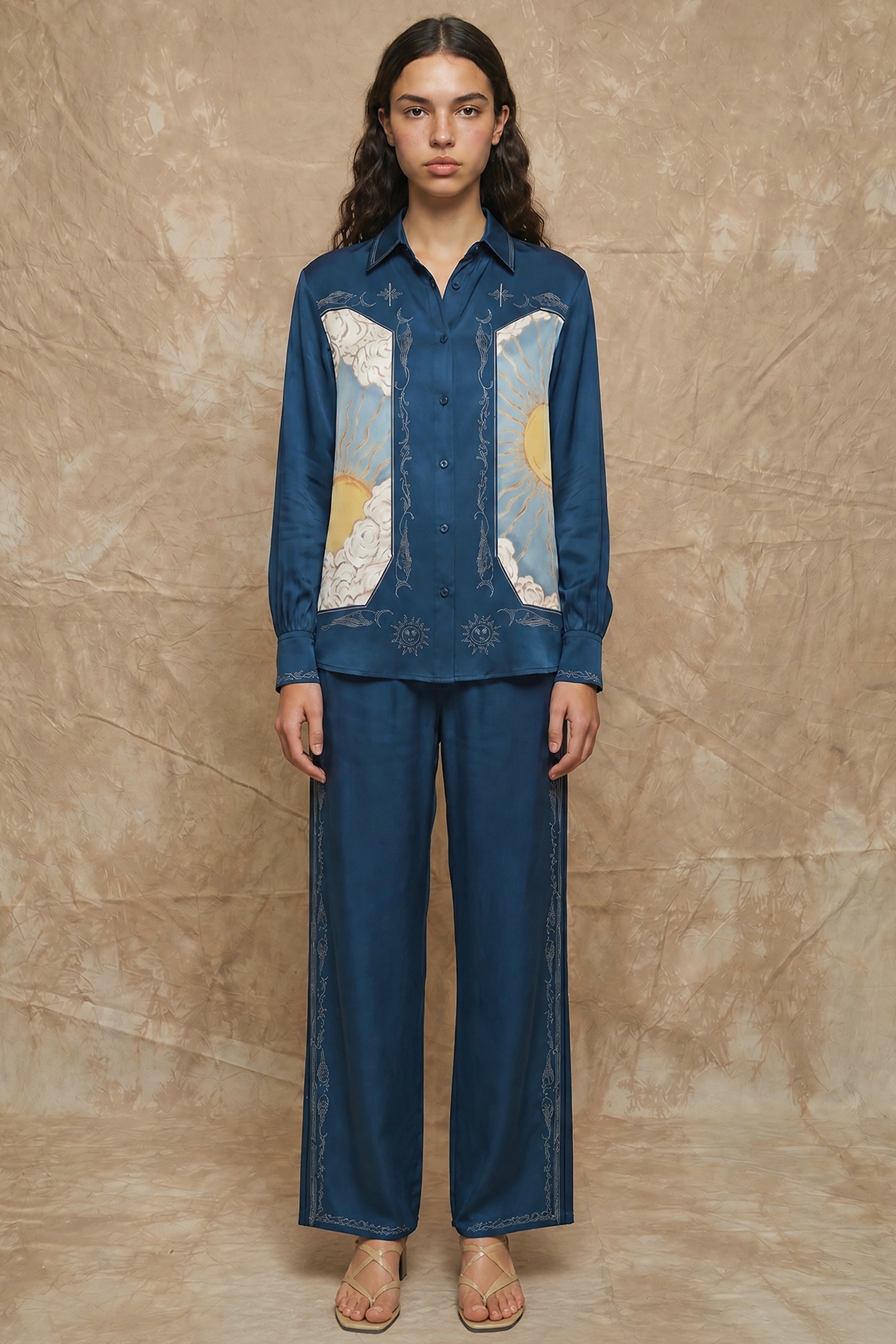 NO GREY AREA Midnight Blue Silk Twill Celestial Loop Printed Co-Ord Set