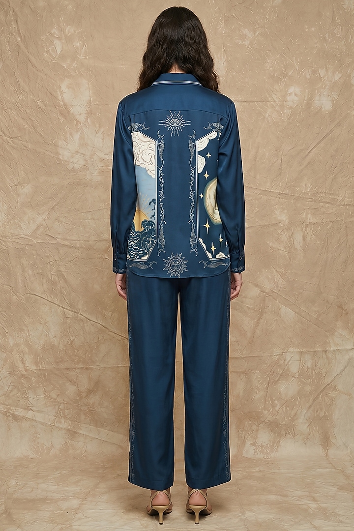 Midnight Blue Silk Twill Celestial Loop Printed Co-Ord Set by NO GREY AREA at Pernia's Pop Up Shop