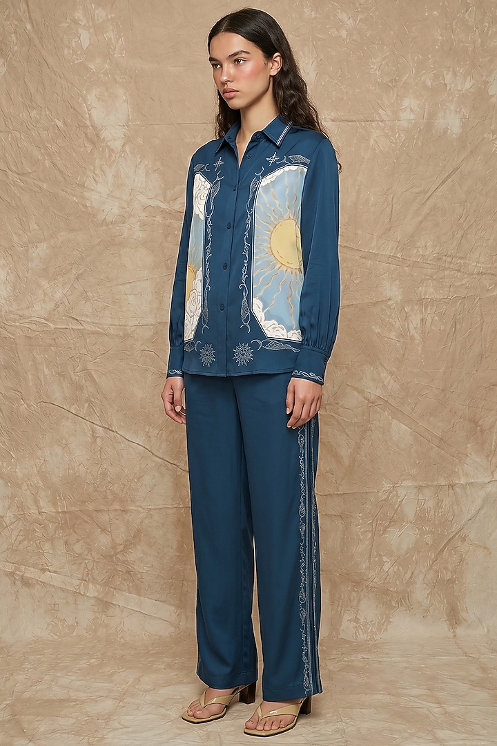 Midnight Blue Silk Twill Celestial Loop Printed Co-Ord Set by NO GREY AREA at Pernia's Pop Up Shop