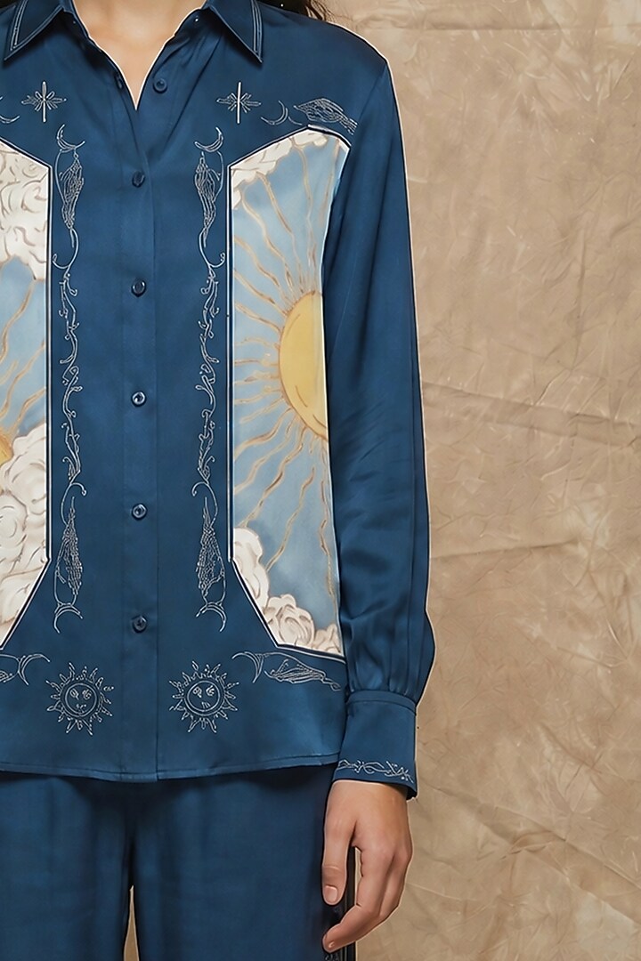 Midnight Blue Silk Twill Celestial Loop Printed Co-Ord Set by NO GREY AREA at Pernia's Pop Up Shop
