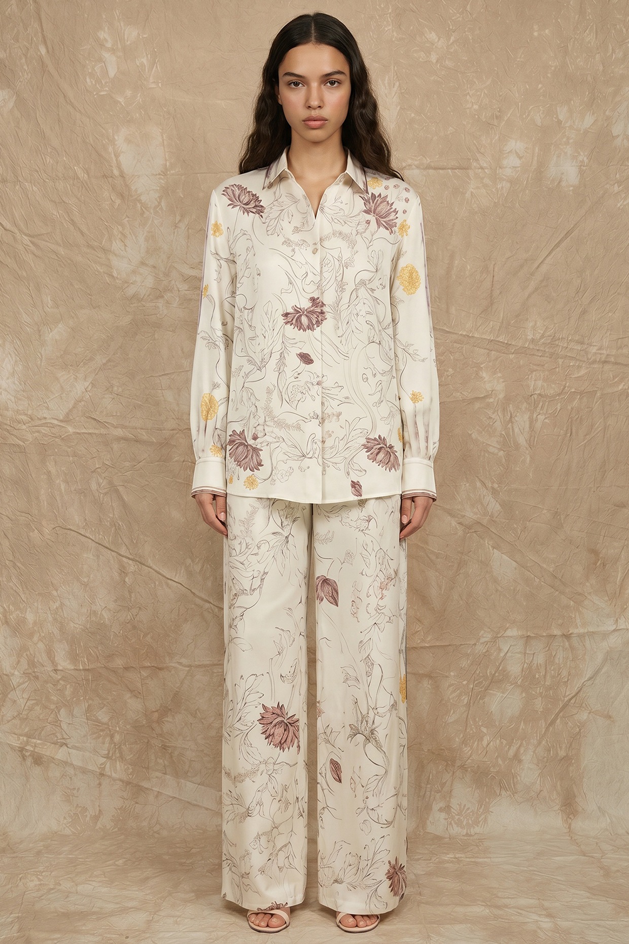 NO GREY AREA Marshmallow-Colored Silk Twill Bloom Printed Co-Ord Set