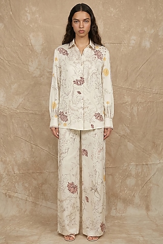 Marshmallow-Colored Silk Twill Bloom Printed Co-Ord Set by NO GREY AREA