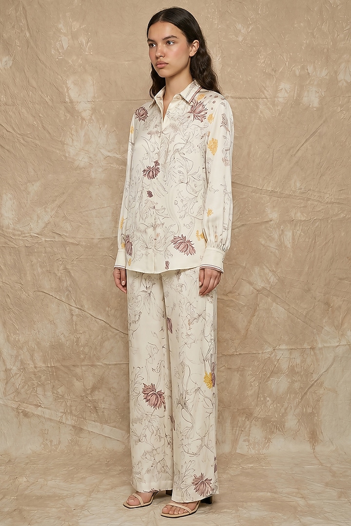 Marshmallow-Colored Silk Twill Bloom Printed Co-Ord Set by NO GREY AREA at Pernia's Pop Up Shop