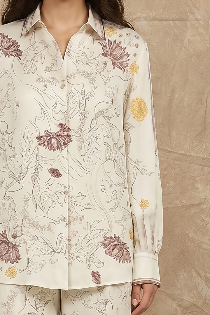 Marshmallow-Colored Silk Twill Bloom Printed Co-Ord Set by NO GREY AREA at Pernia's Pop Up Shop