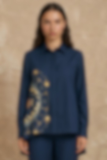 Midnight Blue Modal Zodiac Printed Shirt by NO GREY AREA at Pernia's Pop Up Shop