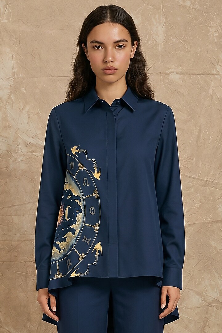 Midnight Blue Modal Zodiac Printed Shirt by NO GREY AREA at Pernia's Pop Up Shop
