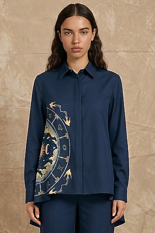 Midnight Blue Modal Zodiac Printed Shirt by NO GREY AREA