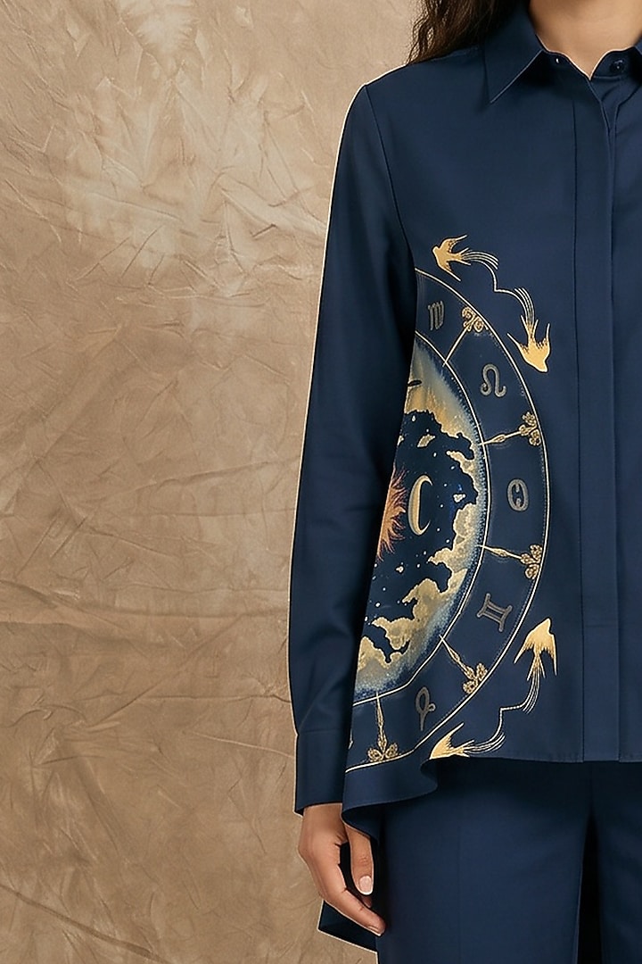 Midnight Blue Modal Zodiac Printed Shirt by NO GREY AREA at Pernia's Pop Up Shop