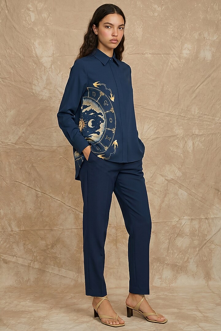 Midnight Blue Modal Zodiac Printed Shirt by NO GREY AREA at Pernia's Pop Up Shop