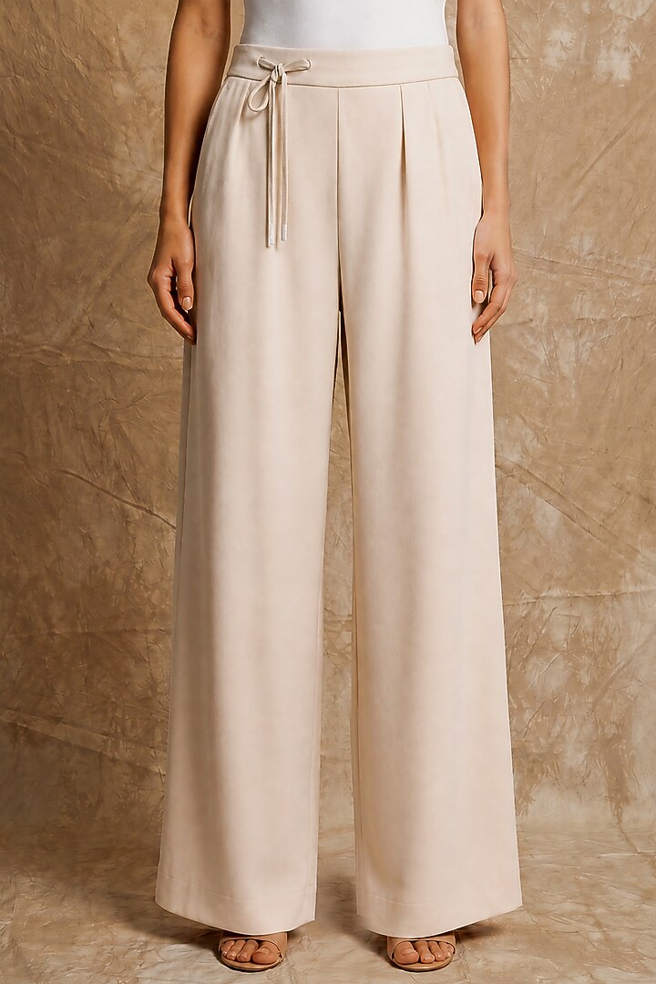 Marshmallow-Colored Silk Twill Wide-Leg Pants by NO GREY AREA at Pernia's Pop Up Shop
