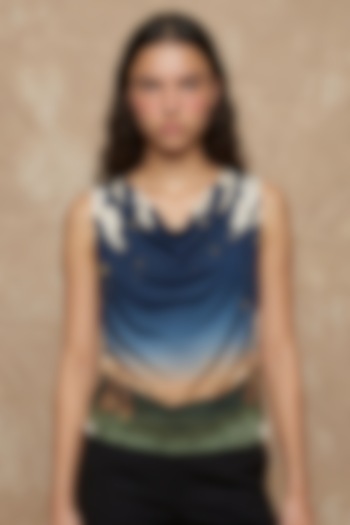 Midnight Blue Modal Tree Of Life Printed Cowl Draped Top by NO GREY AREA at Pernia's Pop Up Shop
