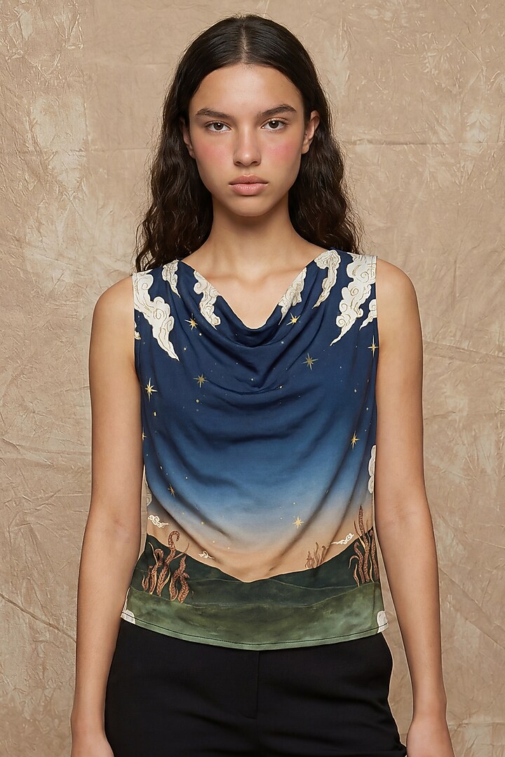 Midnight Blue Modal Tree Of Life Printed Cowl Draped Top by NO GREY AREA at Pernia's Pop Up Shop