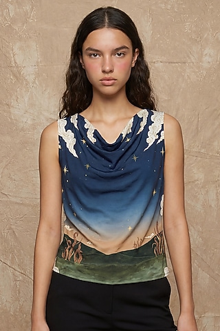 Midnight Blue Modal Tree Of Life Printed Cowl Draped Top by NO GREY AREA
