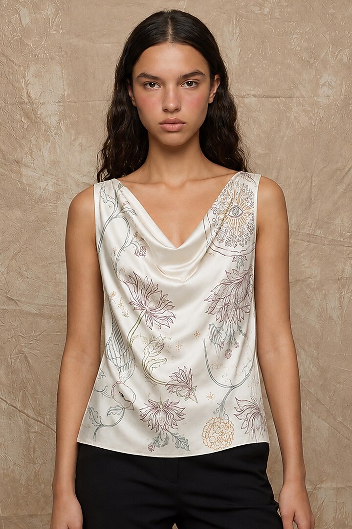 Marshmallow-Colored Modal Tree Of Life Printed Cowl Draped Top by NO GREY AREA at Pernia's Pop Up Shop
