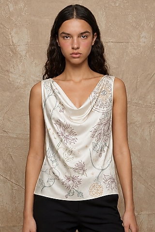 Marshmallow-Colored Modal Tree Of Life Printed Cowl Draped Top by NO GREY AREA