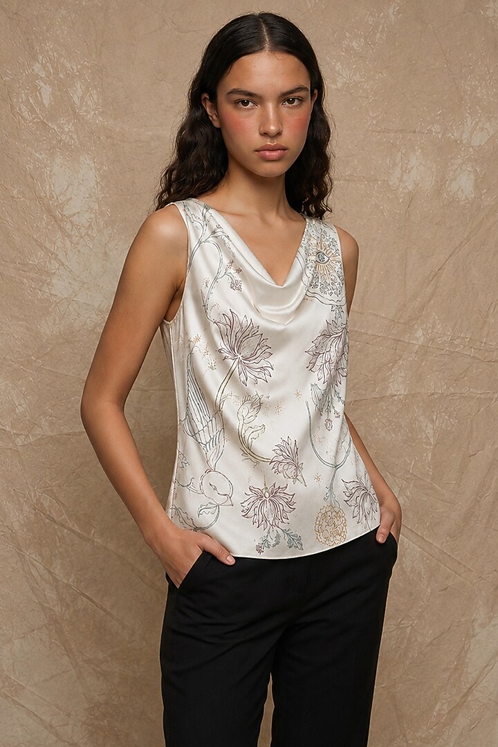 Marshmallow-Colored Modal Tree Of Life Printed Cowl Draped Top by NO GREY AREA at Pernia's Pop Up Shop