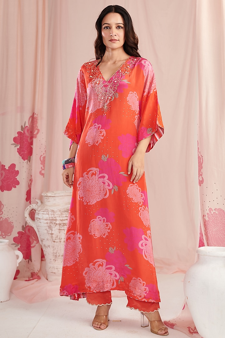 Red Crepe Digital Printed & Pearl Work Kaftan Set by Negra Elegante at Pernia's Pop Up Shop