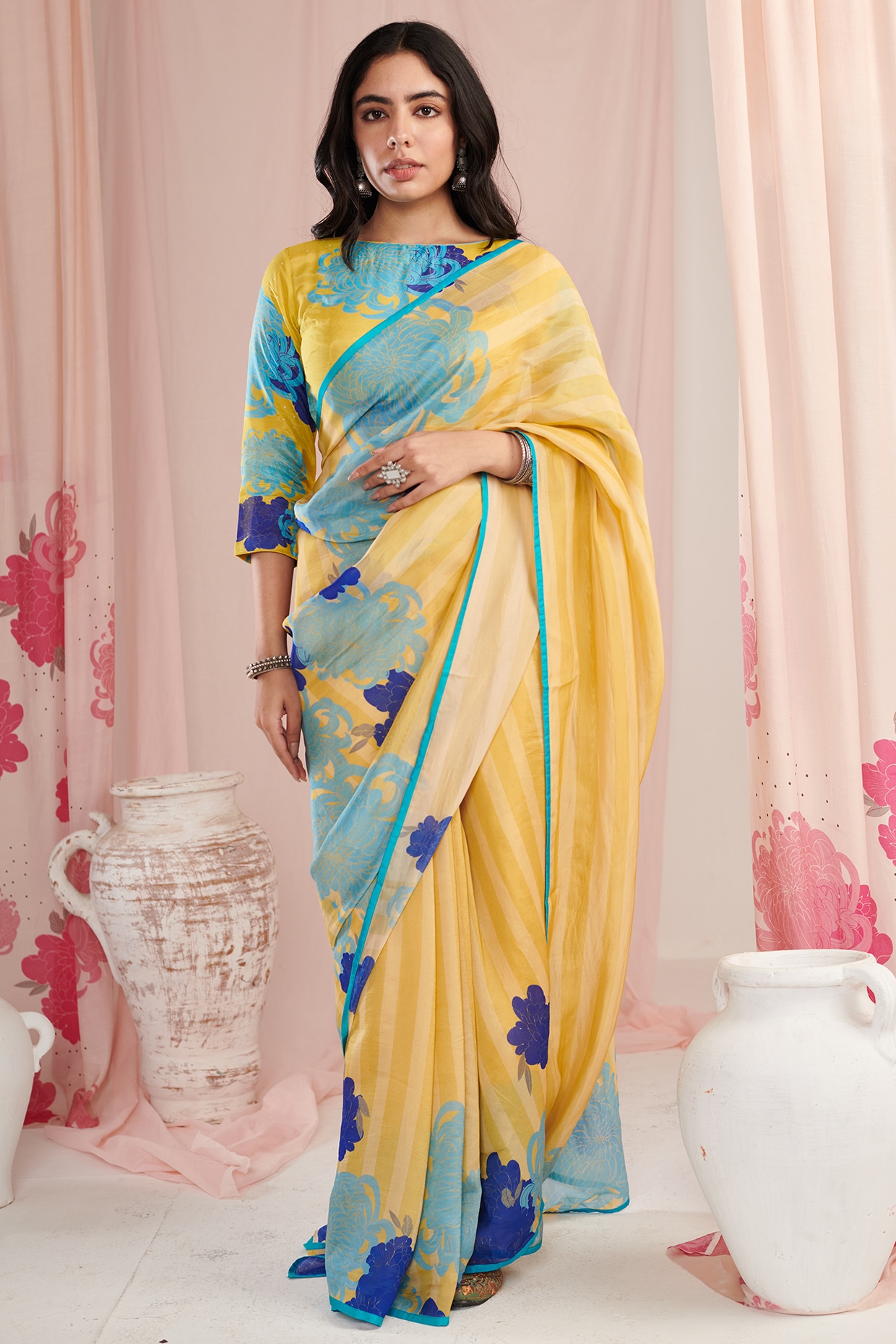 Mustard Yellow Floral Printed Pant Saree – Lashkaraa