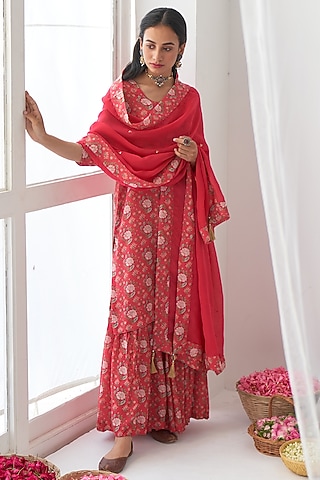 Hot Pink Printed Sharara Set by Negra Elegante
