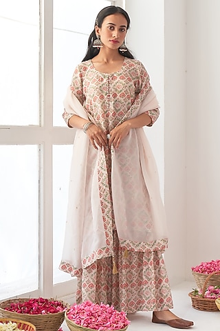 Beige Printed Sharara Set by Negra Elegante
