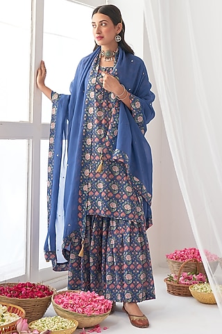 Cobalt Blue Printed Sharara Set by Negra Elegante