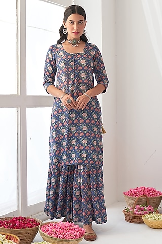 Cobalt Blue Digital Printed Sharara Set by Negra Elegante