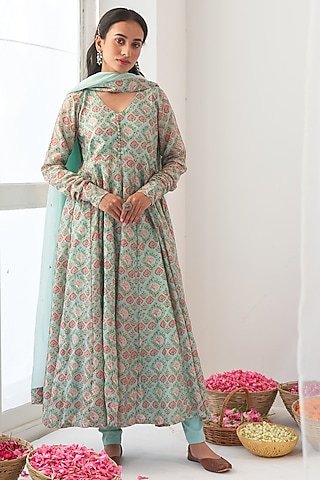 Aqua Printed Kalidar Anarkali Set by Negra Elegante