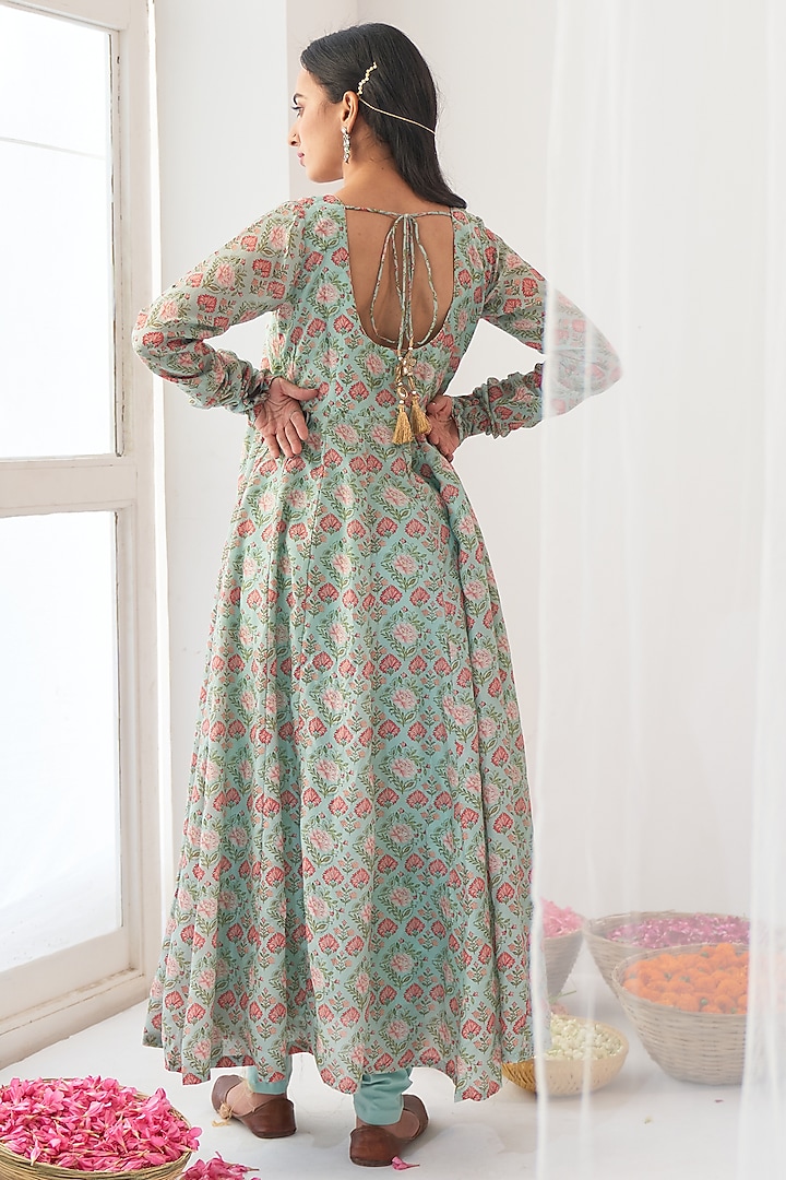 Aqua Printed Kalidar Anarkali Set by Negra Elegante at Pernia's Pop Up Shop