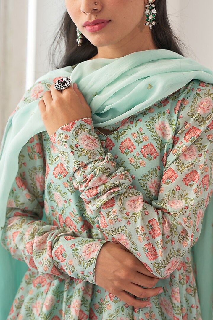 Aqua Printed Kalidar Anarkali Set by Negra Elegante at Pernia's Pop Up Shop