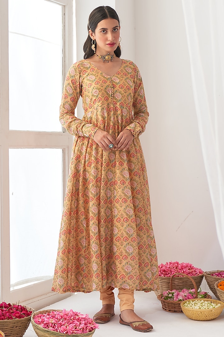 Dandelion Yellow Digital Printed Kalidar Anarkali Set by Negra Elegante