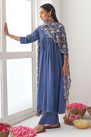 Cobalt Blue Printed A-Line Kurta Set by Negra Elegante