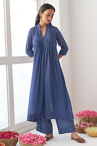 Cobalt Blue Cotton Silk A-Line Kurta Set by Negra Elegante