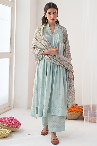 Aqua Printed A-Line Kurta Set by Negra Elegante