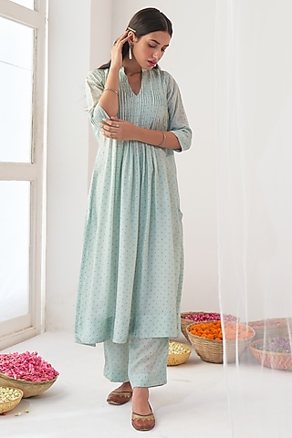 Aqua Cotton Silk A-Line Kurta Set by Negra Elegante