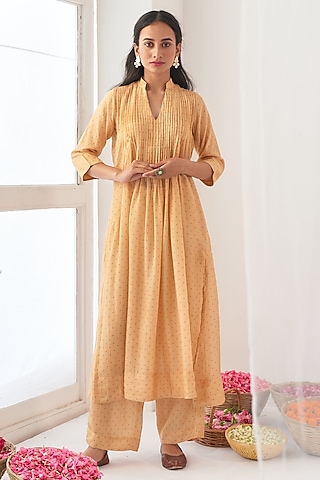 Honey Yellow Cotton Silk A-Line Kurta Set by Negra Elegante
