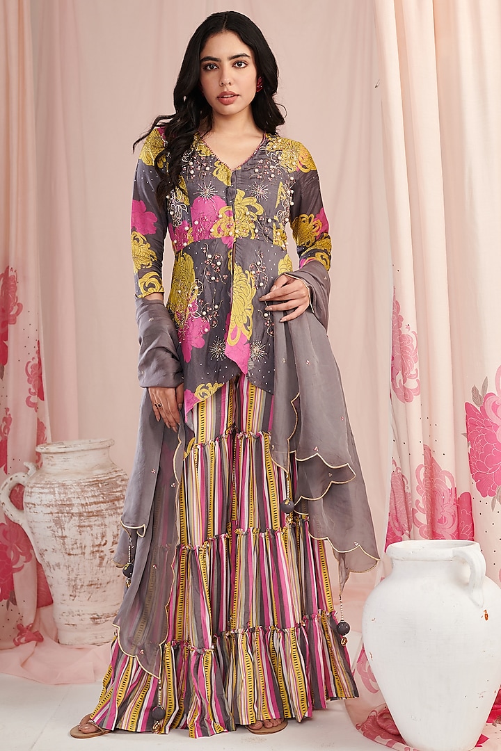 Multi-Colored Cotton Silk Digital Printed Tiered Sharara Set by Negra Elegante at Pernia's Pop Up Shop