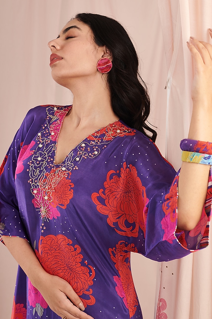 Purple Crepe Digital Printed & Pearl Work Kaftan Set by Negra Elegante at Pernia's Pop Up Shop