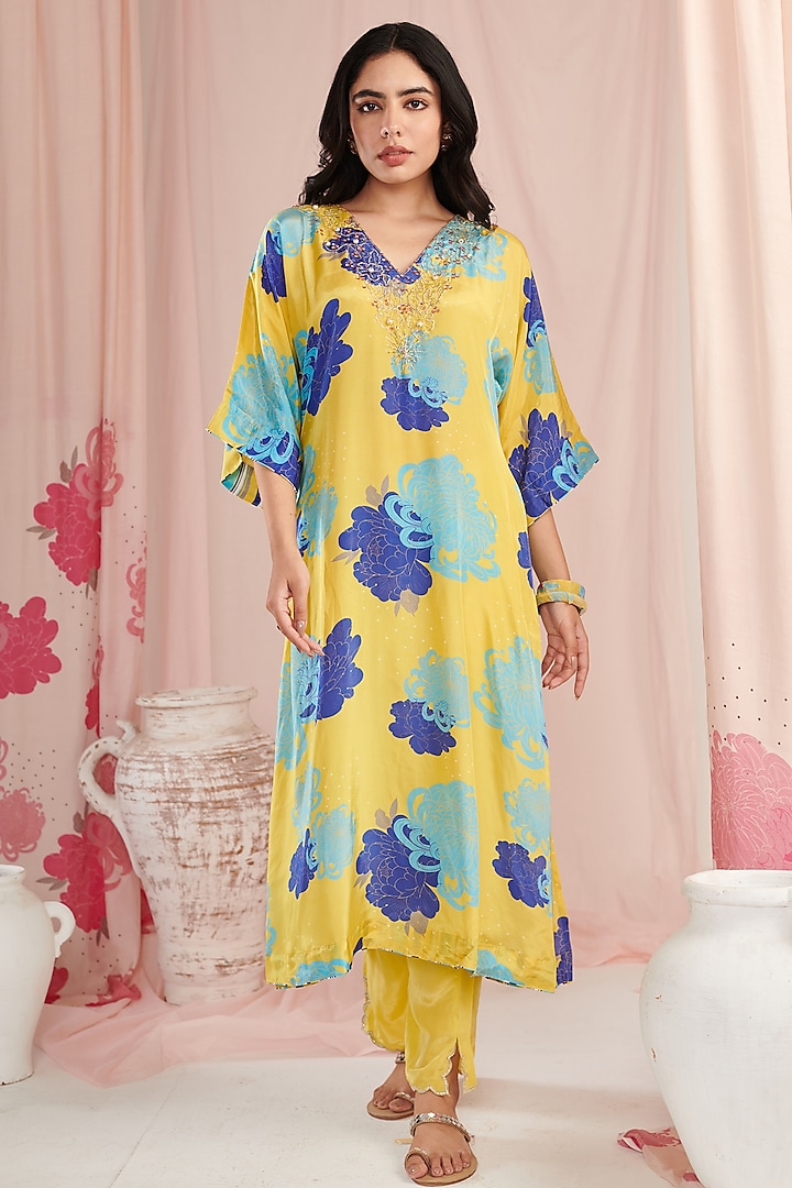 Lime Crepe Digital Printed & Pearl Work Kaftan Set by Negra Elegante at Pernia's Pop Up Shop