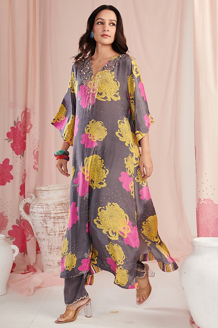 Grey Crepe Digital Printed & Pearl Work Kaftan Set by Negra Elegante at Pernia's Pop Up Shop