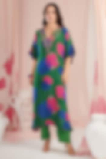 Green Crepe Digital Printed & Pearl Work Kaftan Set by Negra Elegante at Pernia's Pop Up Shop