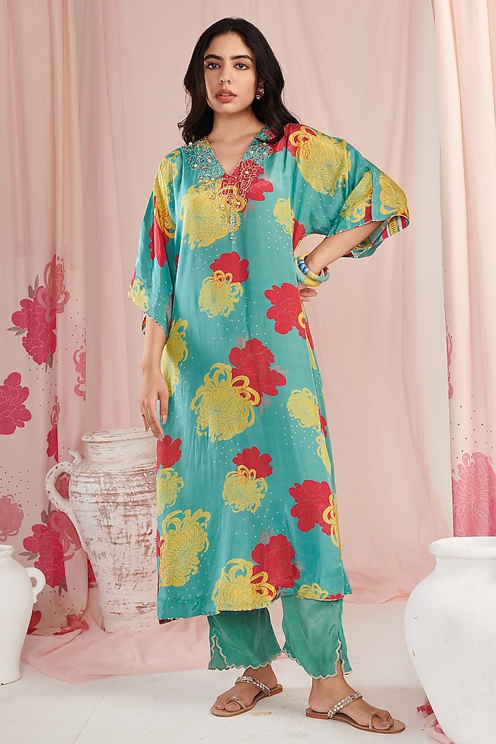 Aqua Crepe Digital Printed & Pearl Work Kaftan Set by Negra Elegante at Pernia's Pop Up Shop