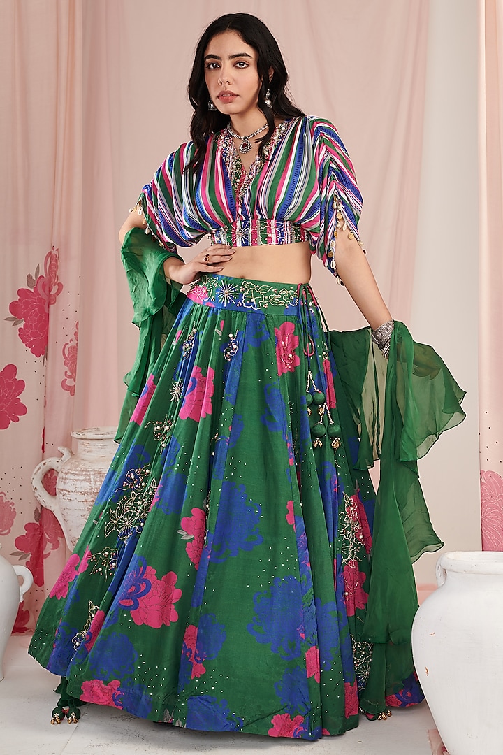 Green Organza & Cotton Silk Digital Printed Wedding Lehenga Set by Negra Elegante at Pernia's Pop Up Shop