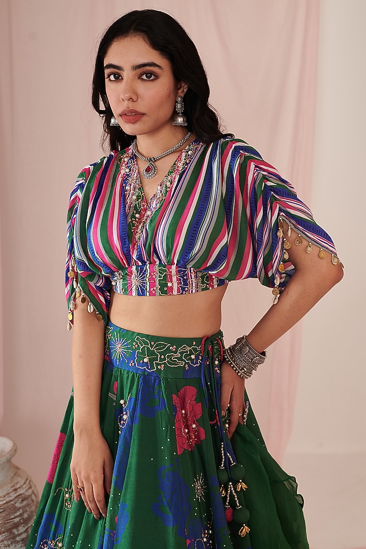 Green Organza & Cotton Silk Digital Printed Wedding Lehenga Set by Negra Elegante at Pernia's Pop Up Shop