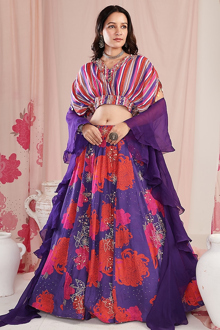 Purple Organza & Cotton Silk Digital Printed Wedding Lehenga Set by Negra Elegante at Pernia's Pop Up Shop