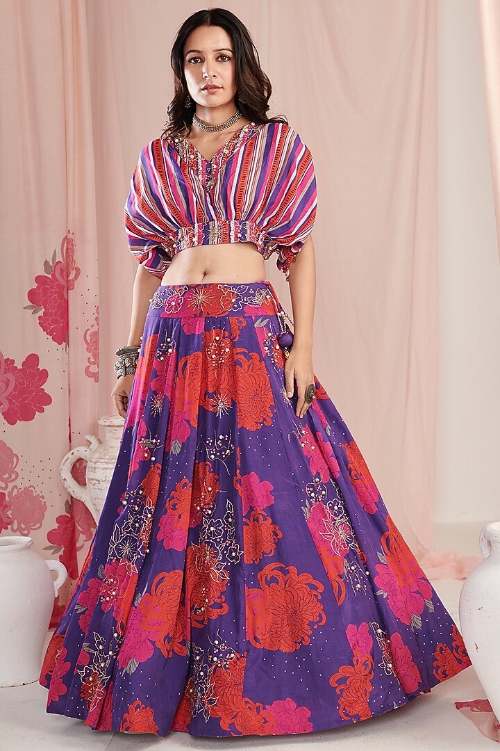 Purple Organza & Cotton Silk Digital Printed Wedding Lehenga Set by Negra Elegante at Pernia's Pop Up Shop