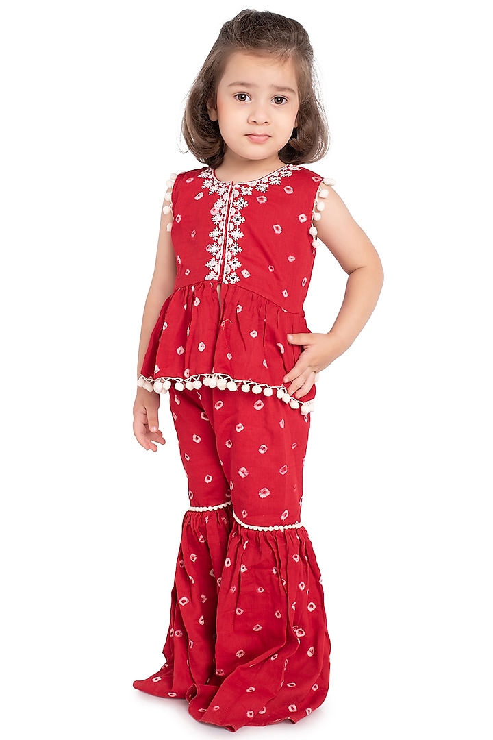 Red Bandhani Gharara Set For Girls by Neha Gursahani Kids