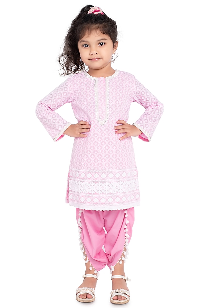 Pink Embroidered Lucknowi Kurta Set For Girls by Neha Gursahani Kids