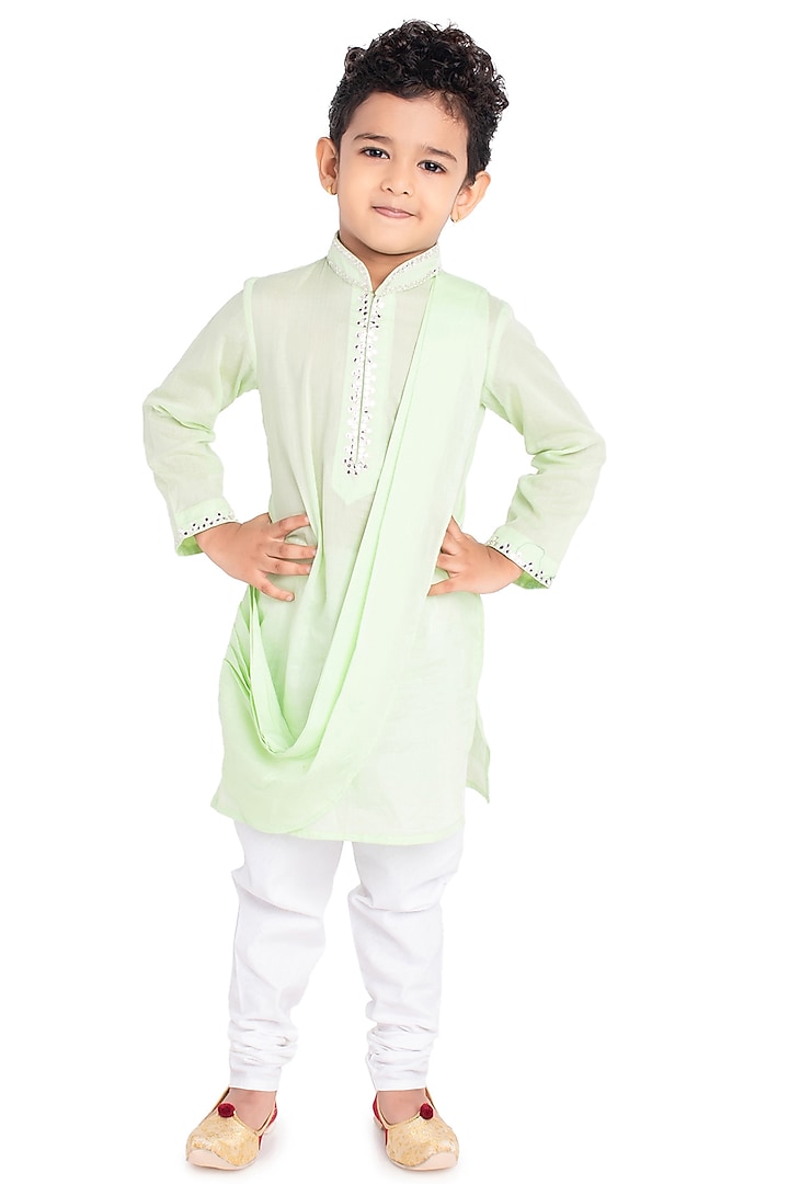 Pista Green Embroidered Kurta Set For Boys